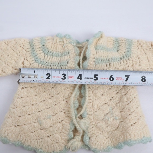 VTG Handmade Crochet Infant Baby Set Sweater Bonnet Booties Cream Blue - Picture 3 of 10
